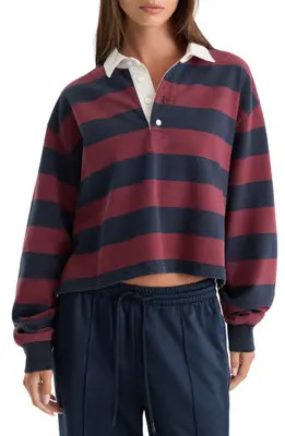 Good American The Cropped Stripe Long Sleeve Rugby Shirt in Navy Berry Noir Block Stripe at Nordstrom, Size X-Small | Nordstrom