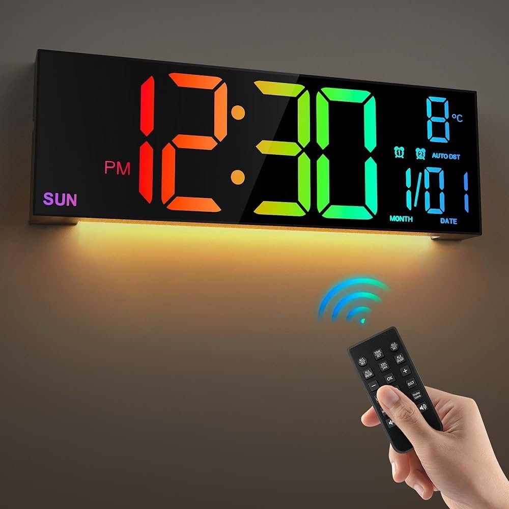 16.2'' Large Digital Wall Clock with Remote Control, Big LED/Dual Alarm/8 RGB Colors/Auto Brightness/Date/Auto DST/Temperature/Night Light 

#LTKFindsUnder50