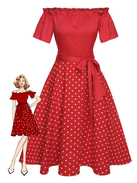 Red 1950s Off-Shoulder Polka Dots Belted Dress | Retro Stage