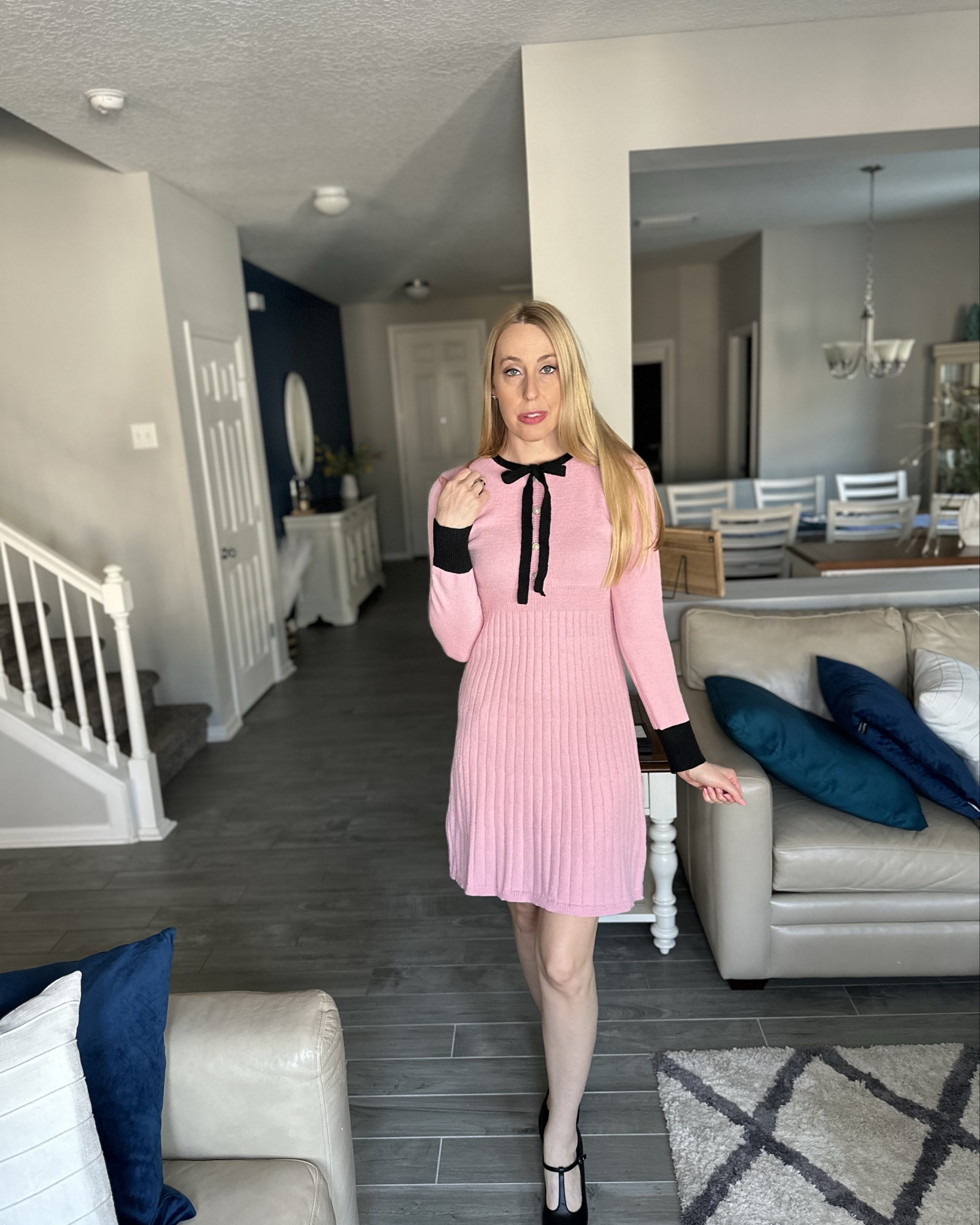 Pink knit preppy dress
💓 i love the cute and preppy style of this dress 
💓 it is stretchy and warm  
💓 wearing size small, fits true to size and I am 5’10”

#LTKStyleTip #LTKFindsUnder100 #LTKFindsUnder50