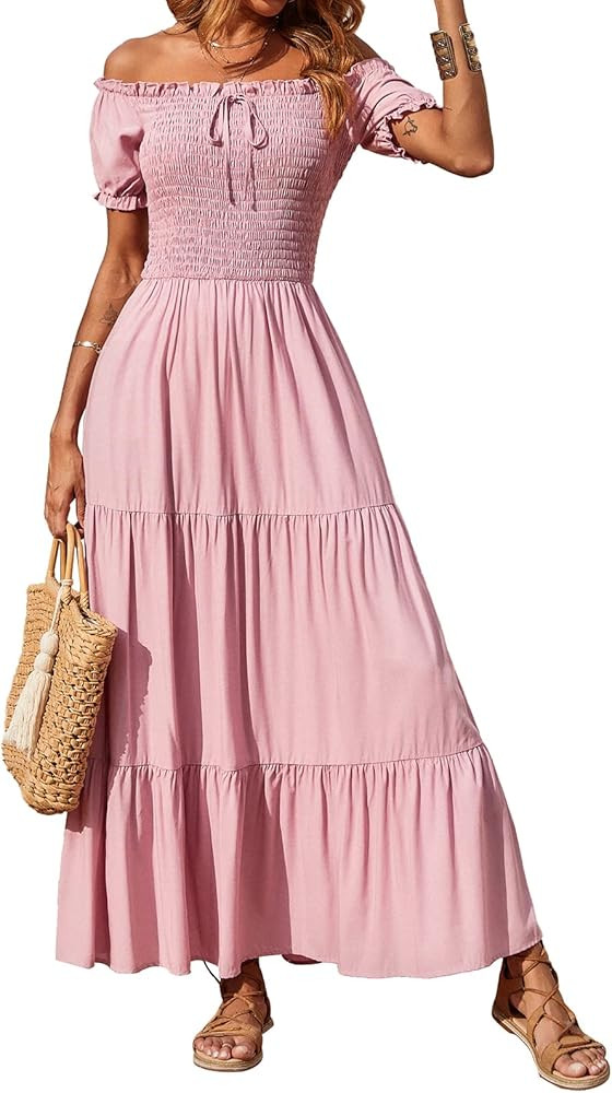 BTFBM Women Off Shoulder Summer Casual Dresses Short Sleeve Smocked High Waist Cute Swing Pleated Lo | Amazon (US)