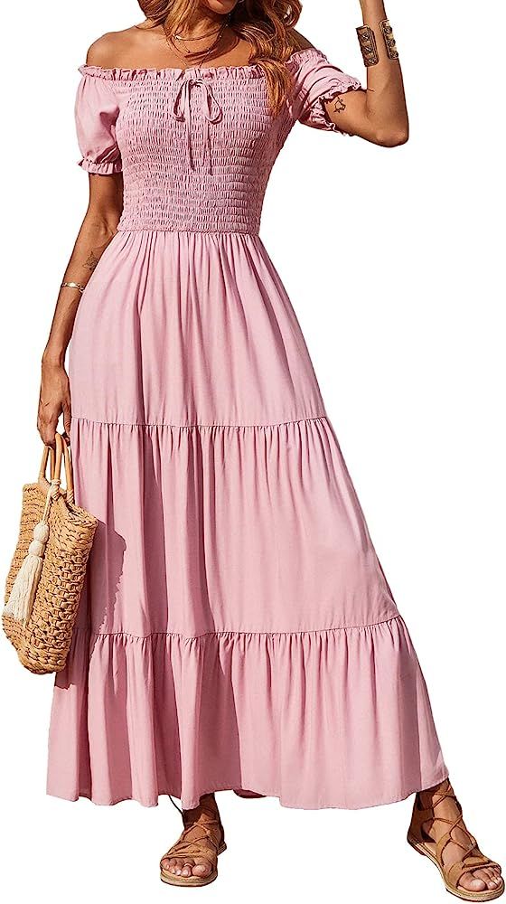 BTFBM Women Off Shoulder Summer Casual Dresses Short Sleeve Smocked High Waist Cute Swing Pleated Lo | Amazon (US)