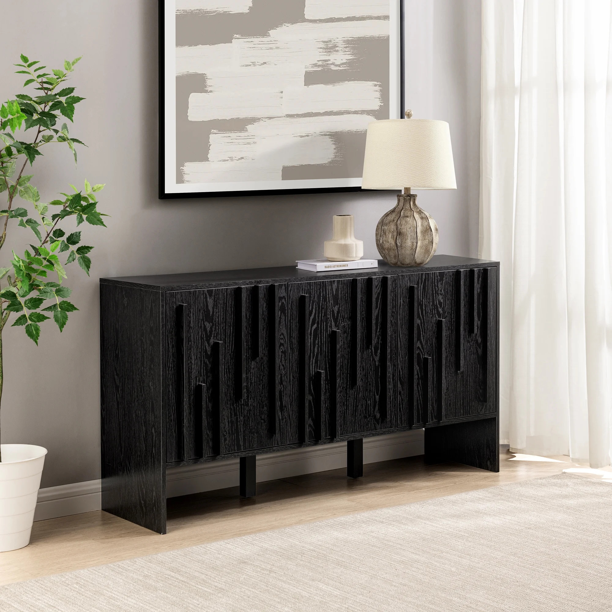 Manor Park 55” Contemporary Vertical-Detailed 3-Door Sideboard, Black | Walmart (US)