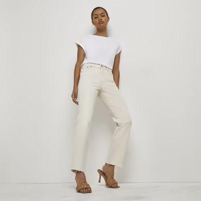 Petite ecru high waisted straight jeans | River Island (UK & IE)