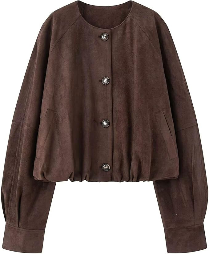 Xunger Women's Faux Suede Button Jacket Oversized Gathered Hem Short Length Coat Casual Vintage O... | Amazon (US)