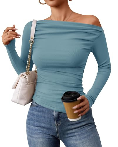 ZESICA Womens Off Shoulder Long Sleeve Tops Fall Casual Boat Neck Ruched Slim Fit Going Out Y2k S... | Amazon (US)