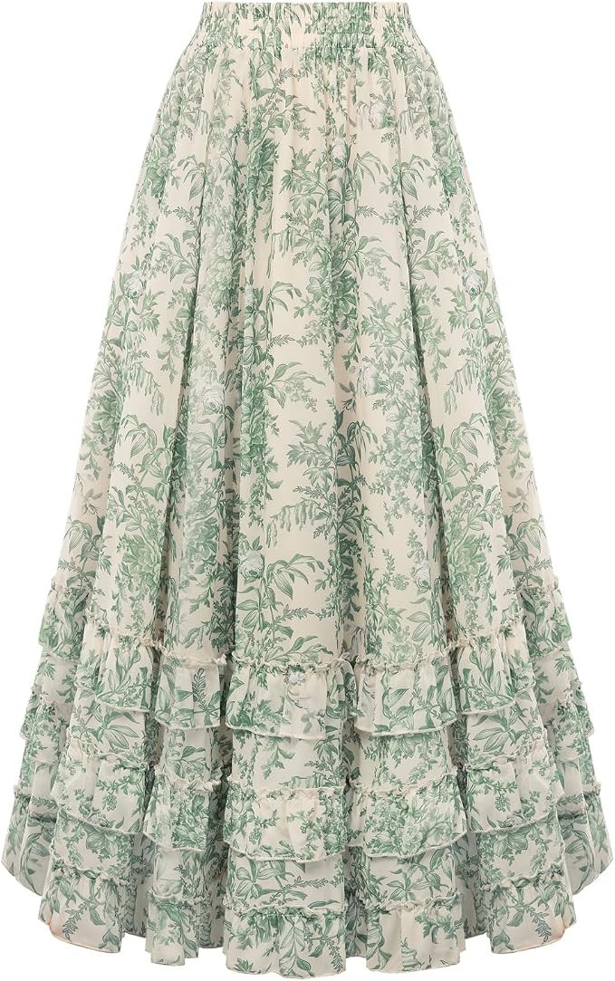 Scarlet Darkness Maxi Skirts for Women Floral Chiffon Elastic High Waist Flowy Ruffle Long Skirt ... | Amazon (US)