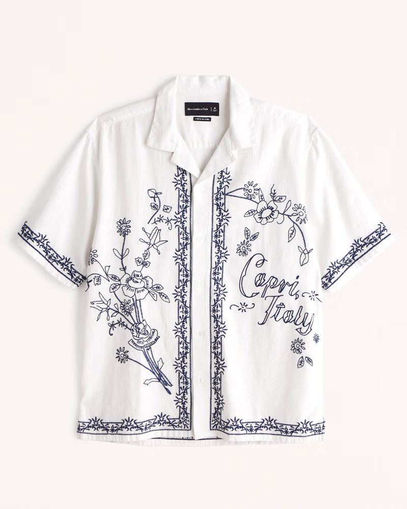 Abercrombie & Fitch Men's Camp Collar Linen-Blend Embroidered Shirt in White Pattern - Size S | Abercrombie & Fitch (US)