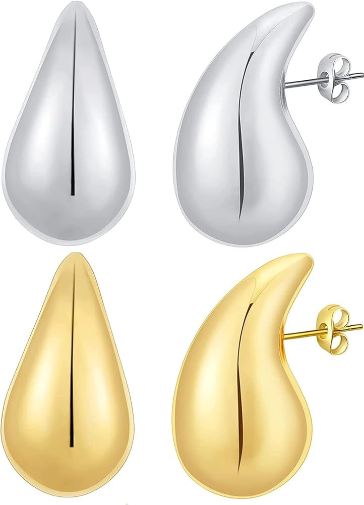 2 Pair Teardrop Earrings Dupes for Women Gold/Silver Chunky Hoop Earring Dangle Water Drop Hypoal... | Amazon (US)
