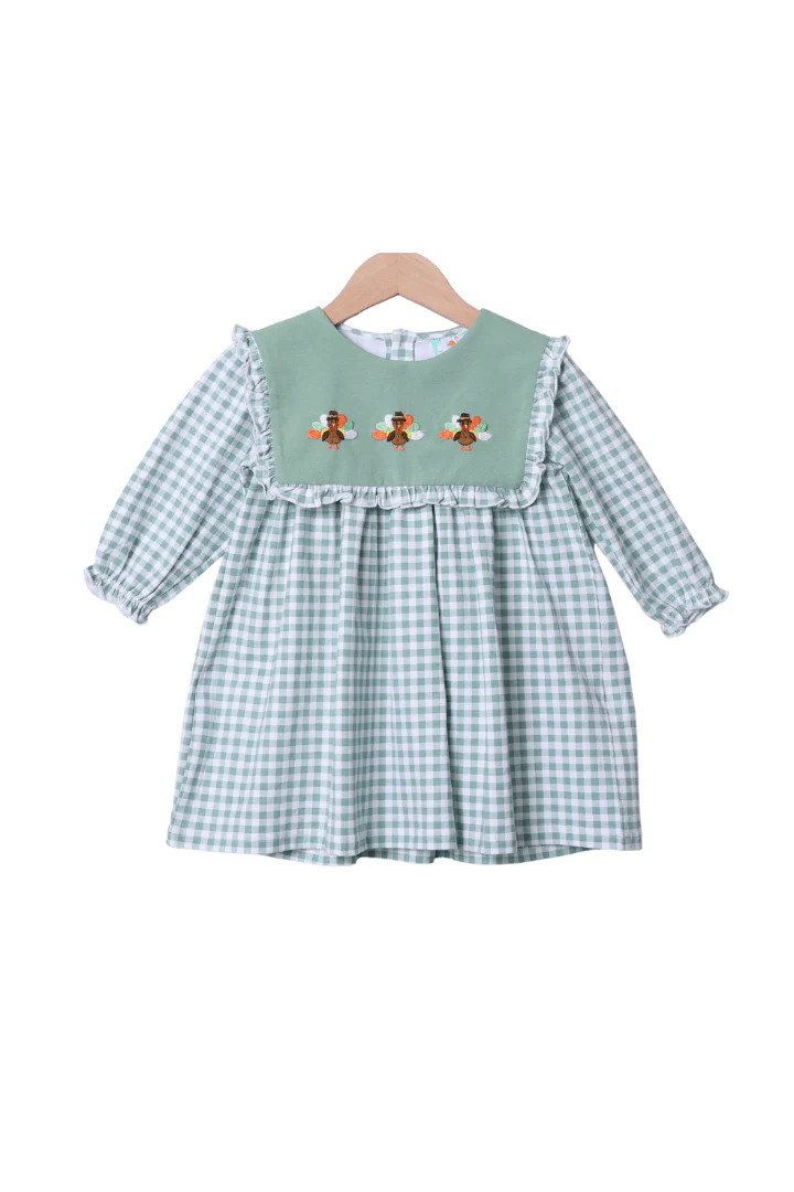 Embroidered Turkey Sage Green Gingham Dress | The Smocked Flamingo