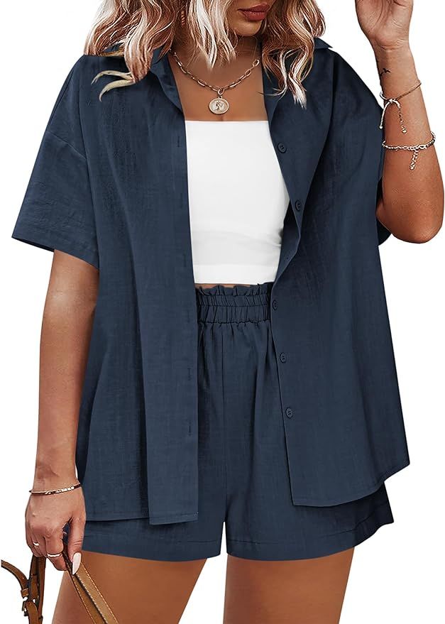 IN'VOLAND Women's Plus Size 2 Piece Tracksuit Outfits Sets Cotton Linen Sets Short Sleeve Shirt S... | Amazon (US)
