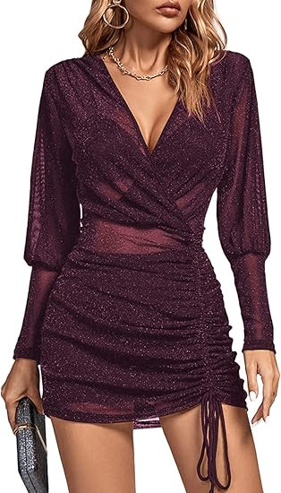 Rooscier Women's Sheer Mesh Glitter Wrap V Neck Long Sleeve Ruched Drawstring Bodycon Mini Dress | Amazon (US)