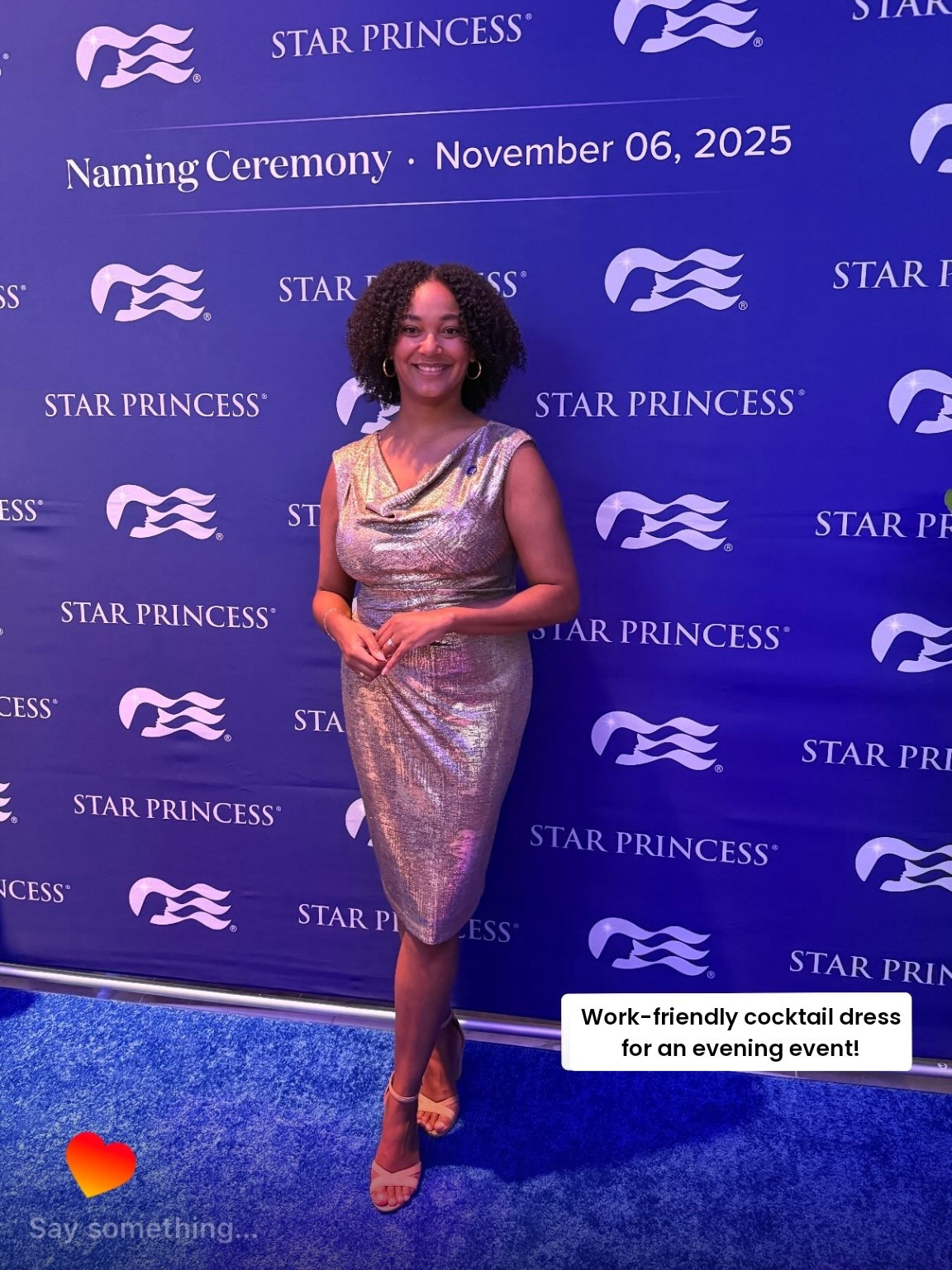 Cocktail dress with some sparkle and shine! Wore this for the Princess Cruises naming ceremony. 

👗 Dress: Size 12

👙 Shapewear: underneath I wore a skims bodysuit/shapewear size L (it is TIGHT bc runs small to keep you cinched in). 

👡 Shoes: block heel sandals are Sam Edelman size 8 and comfortable/bunion friendly 😅

👩🏾‍🦱 Type 4a Curly hair: is conditioned with Aussie 3-minute miracle and style with classic eco styler gel.  dried with diffuser fully to combat south Florida humid. 