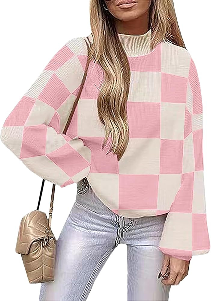 Women's Oversized Cute Checkered Sweaters Fall 2024 Casual Cozy Lightweight Turtleneck Ribbed Kni... | Amazon (US)