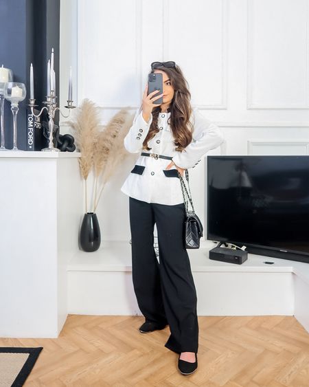 Monochrome outfit idea, black and white blazer, contrast blazer, spring blazer, spring jacket, lightweight jacket, old money jacket, old money style blazer, black tailored trousers, marks and Spencer trousers, black ballet flats, black ballet pumps 

#LTKeurope #LTKstyletip #LTKworkwear