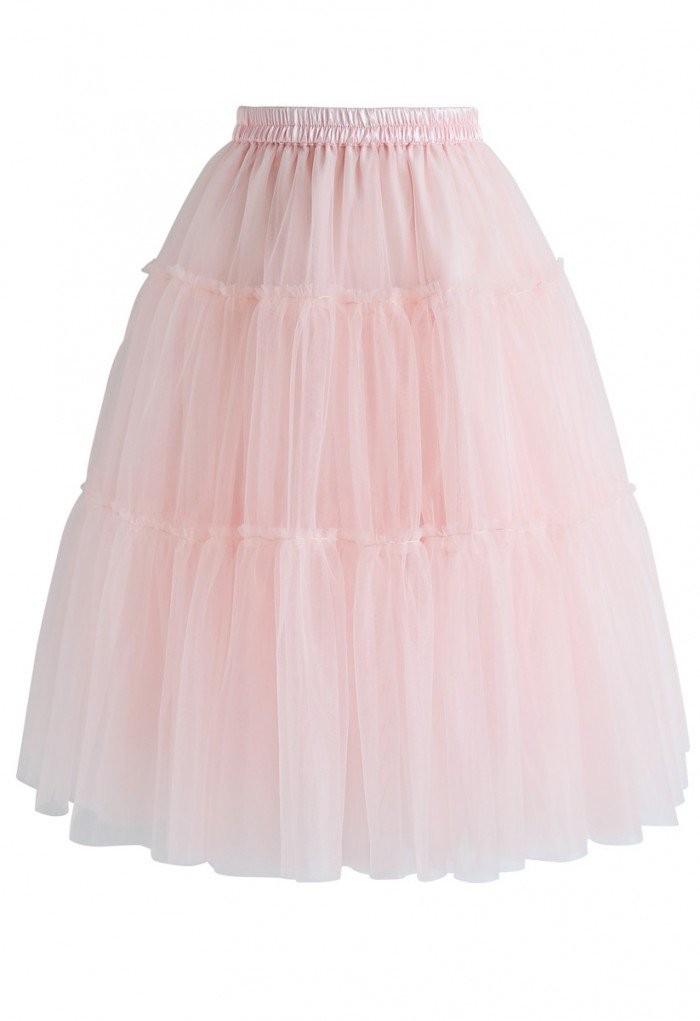 Amore Tulle Midi Skirt in Pink | Chicwish