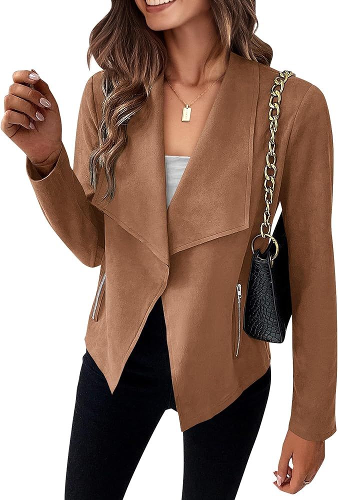 PRETTYGARDEN Women's Faux Suede Jackets 2023 Fall Clothes Long Sleeve Open Front Cropped Coat Outwea | Amazon (US)