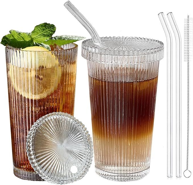 Xeiwagoo [2 Pack] Ribbed Glass Cups With Lids and Glass Straws，Stripe Ice Coffee Glass Tumble G... | Amazon (US)