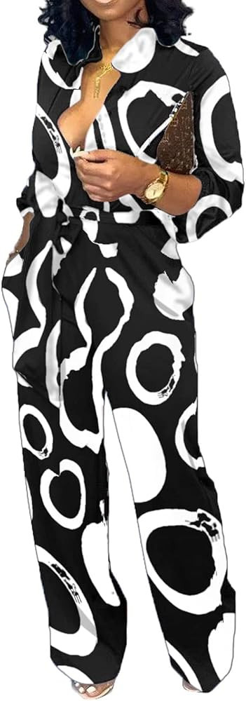 Xinlees Women Elegant Jumpsuits Casual V-neck Long Sleeve Stretchable Long Pants Rompers Button P... | Amazon (US)