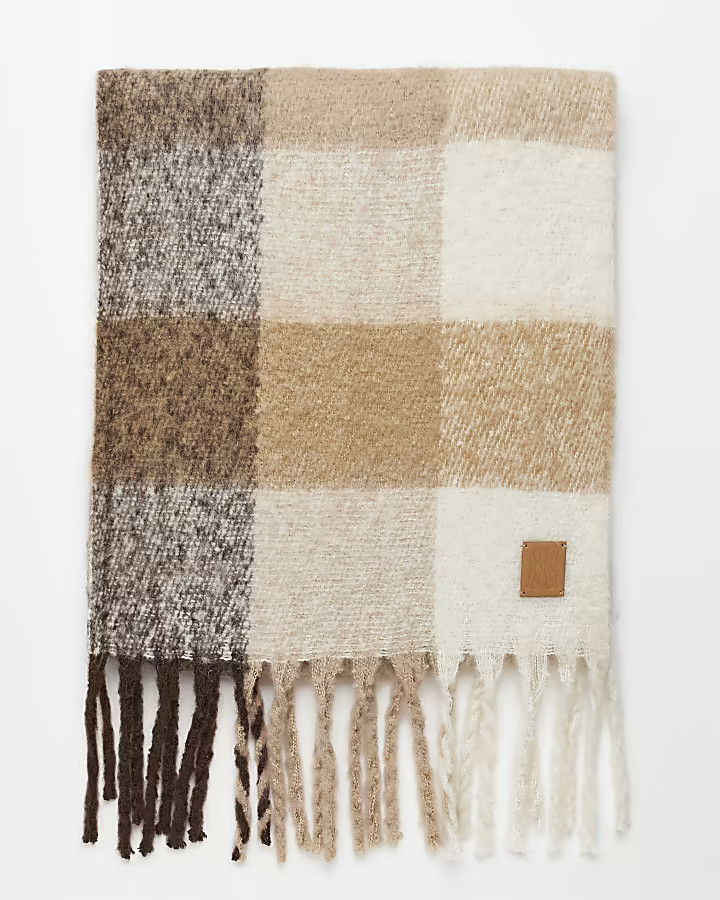 Cream check chunky knit scarf | River Island (US)