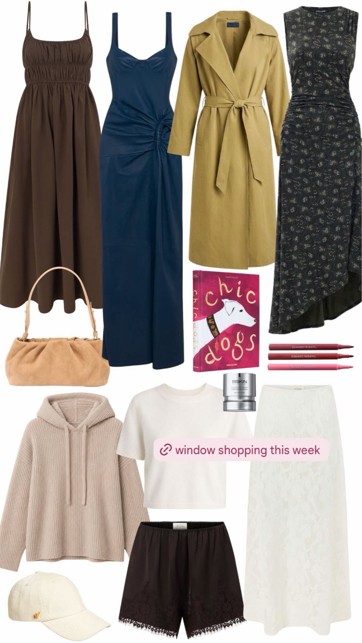window shopping this week! a little bit of everything i’m eyeing right now, from easy fall dresses + cozy knits to a really good trench, suede bag, and a few beauty finds mixed in too.

i love that so many of these pieces can work now and later: the chocolate dress with sandals now and a cardigan later, the navy dress for dinners or events, the cream skirt with a simple tee and flats, and the hoodie + shorts for travel days or lounging at home. basically a very fall-leaning wish list with a few fun extras thrown in.

#LTKSeasonal