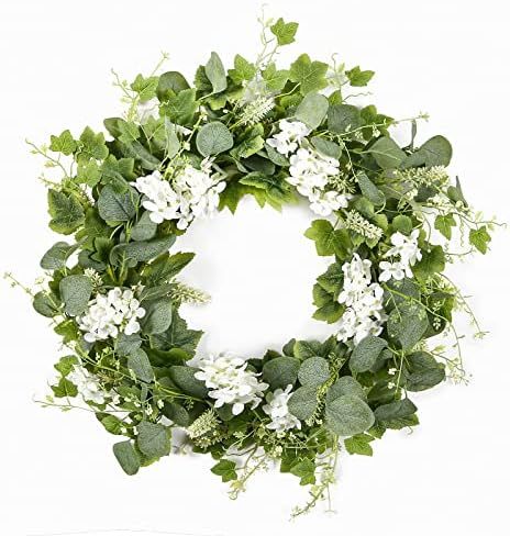 YNYLCHMX 18" Spring Summer Wreath for Front Door with White Flowers, Grapevines & Green Eucalyptus L | Amazon (US)