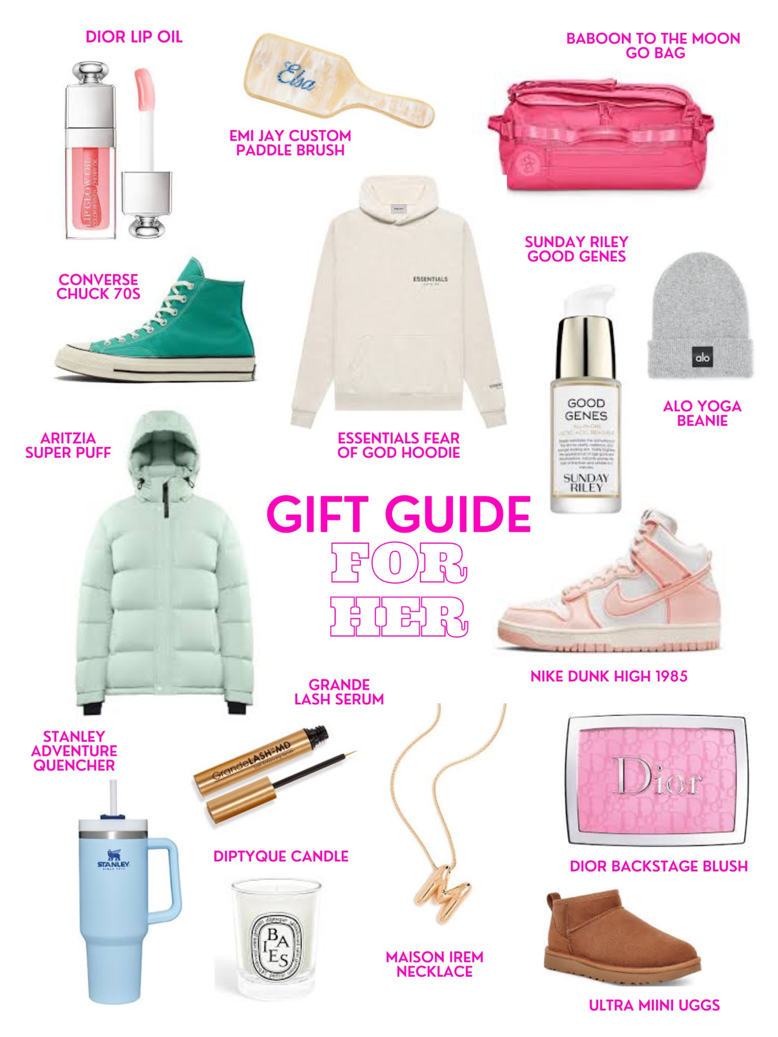 Gift guide for her! Tiktok trendy items and good ideas for college girls :) Sunday Riley, Dior, Alo yoga, Stanley Quencher, Mini uggs, Baboon to the Moon, Grande Lash, Diptyque, Nike, Maison Irem, Aritzia Super puff!! 

#LTKHoliday #LTKGiftGuide #LTKCyberweek