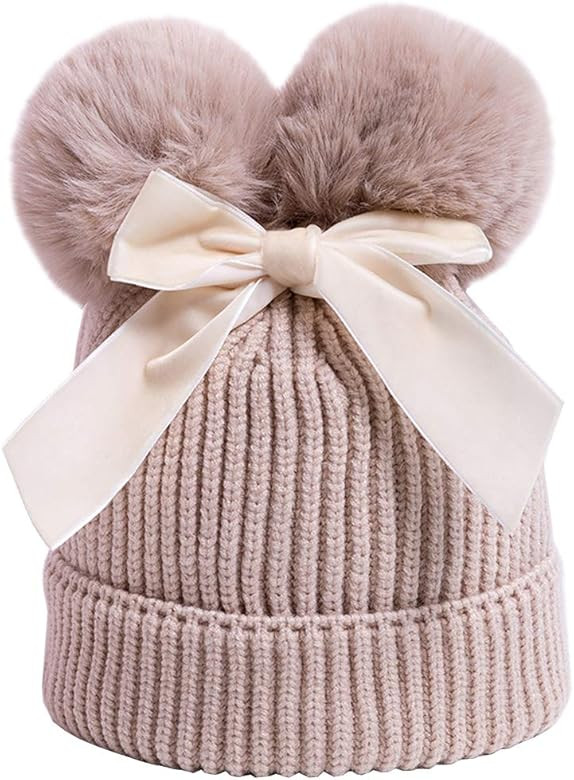 YATEEN Infant Toddler Baby Knitting Woolen Hat Winter Warm Double Pompom Beanie Cap with Bow | Amazon (US)