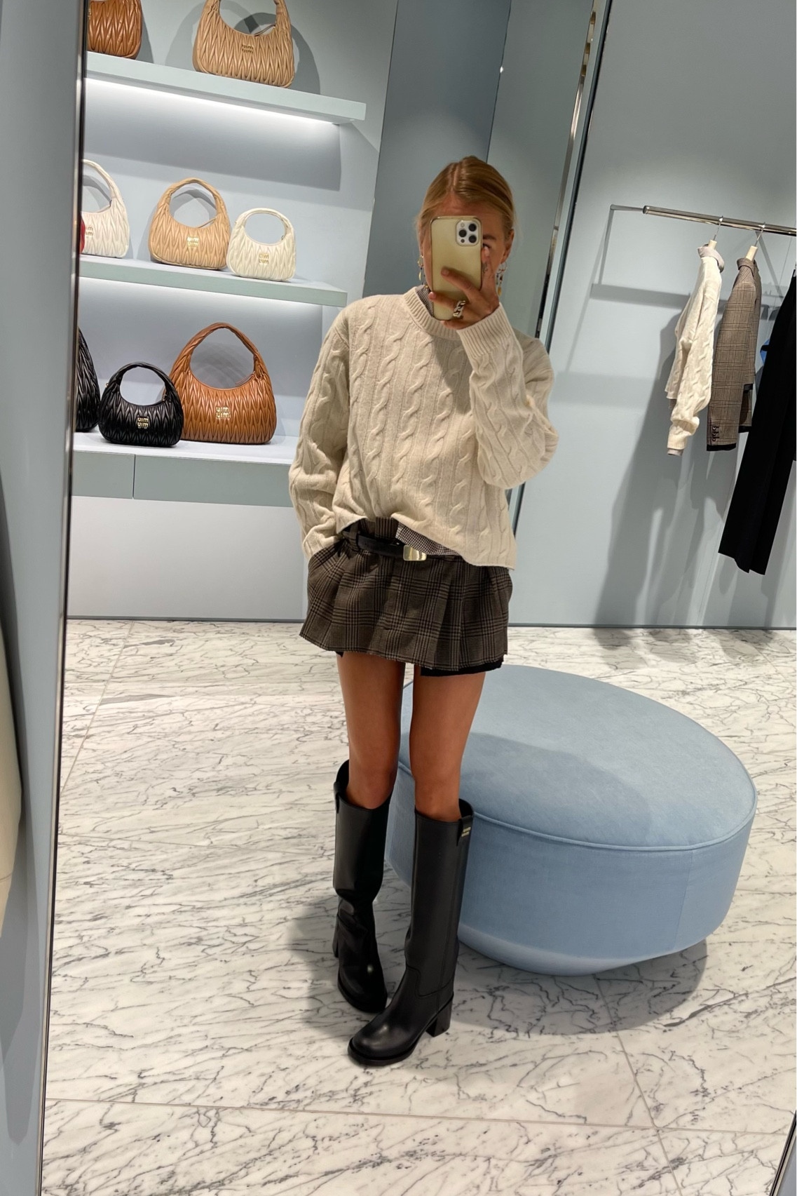 Back to school @miumiu 
Available @oberpollingerofficial 

#miumiu #miumiushoes #ootd #outfitinspiration #outfit #womenskirt #fallwinter2023 
#selfieoftheday #miniskirt #boots #miumiunew #miumiunewcollection2023 #annaborisovnastyle #annaborisovna #sweater #beigesweater #lotd #lookoftheday