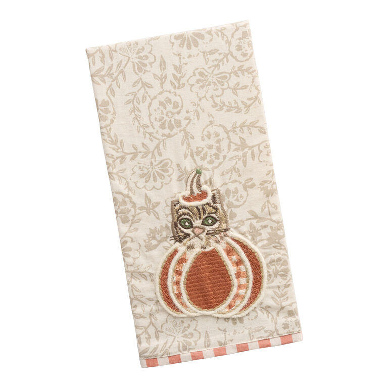 Taupe and Orange Pumpkin Cat Embroidered Kitchen Towel | World Market