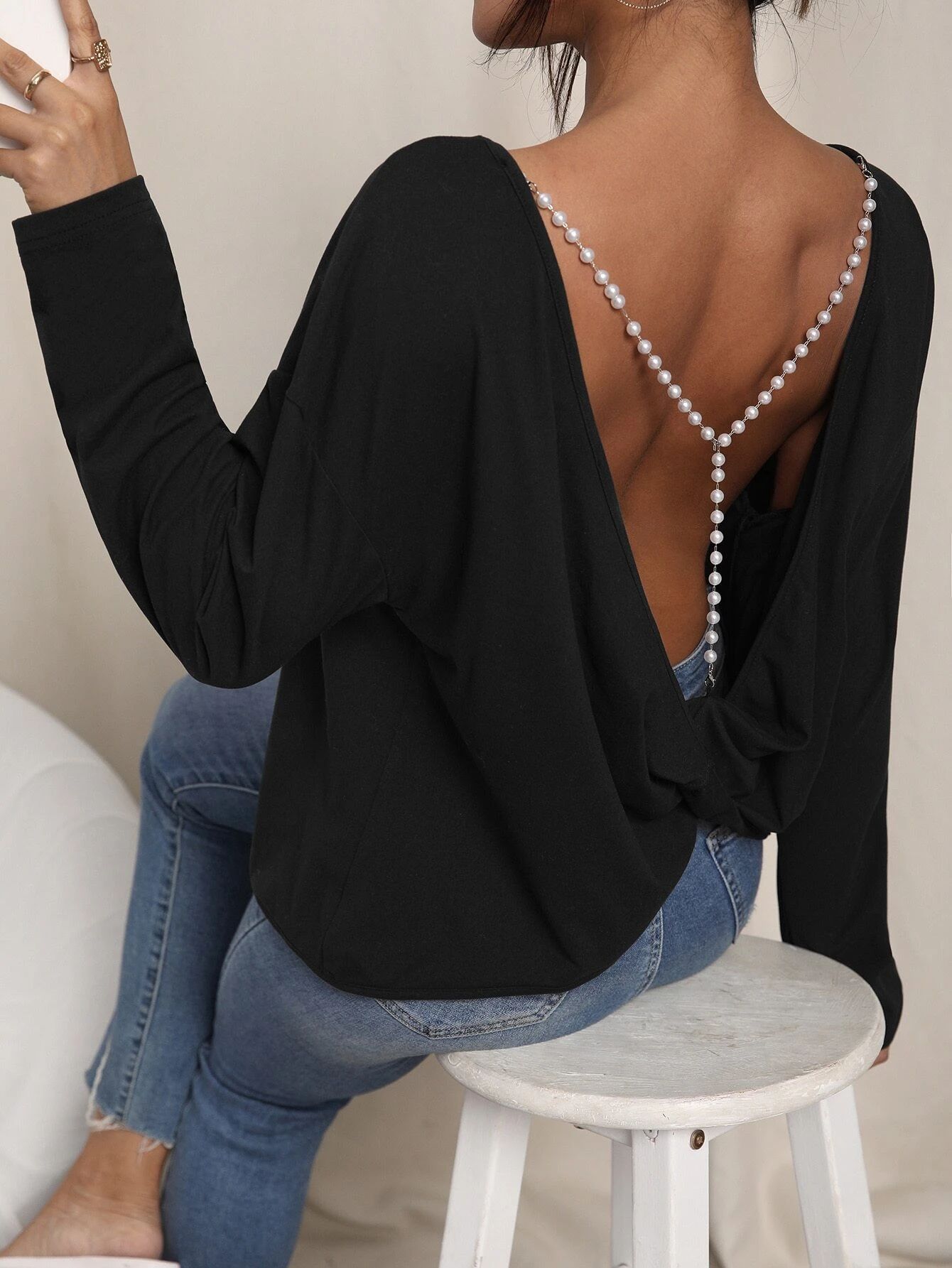 Pearls Chain Detail Backless Drop Shoulder Tee | SHEIN