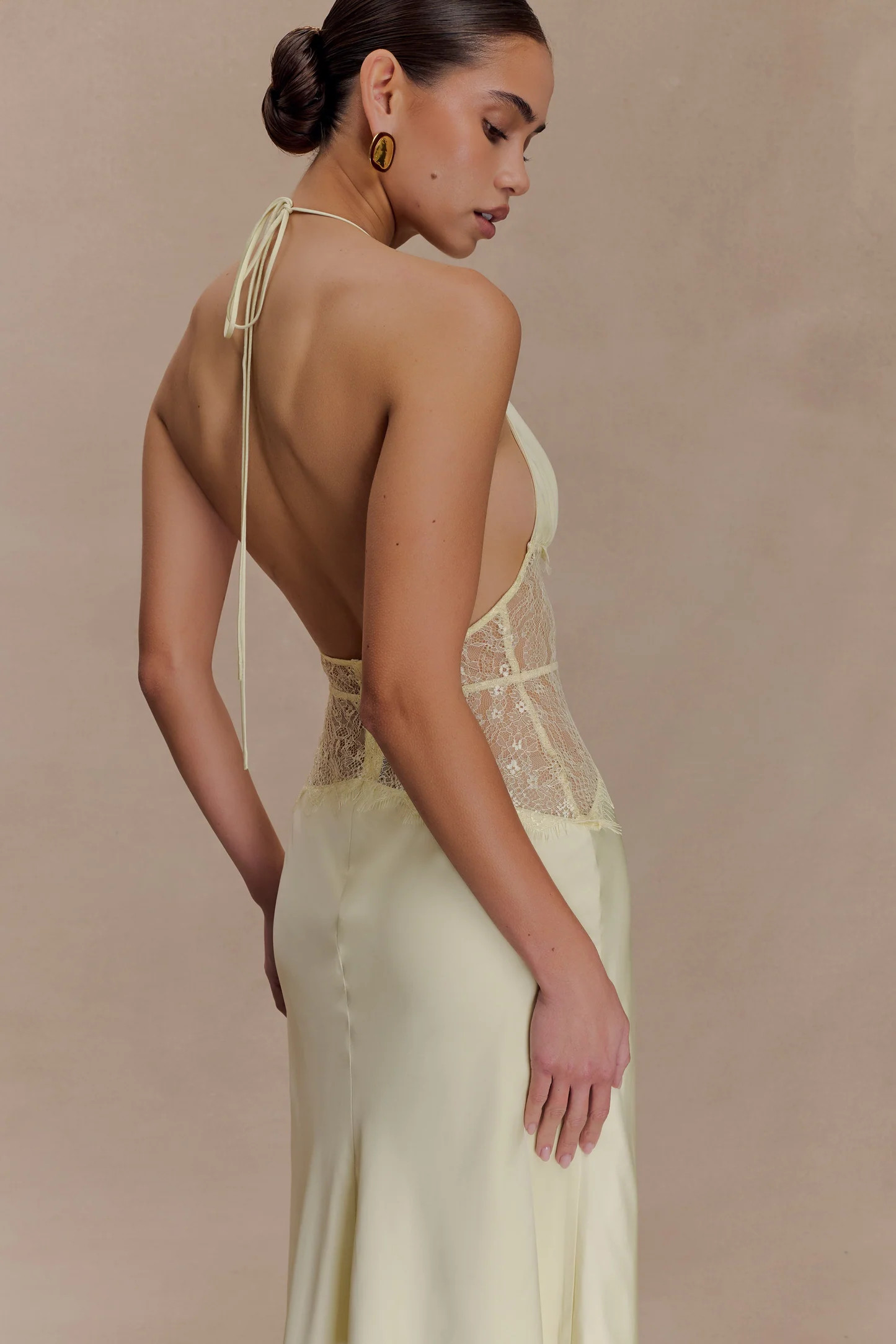 Dinah Lace And Satin Maxi Dress - Lemon | Meshki UK