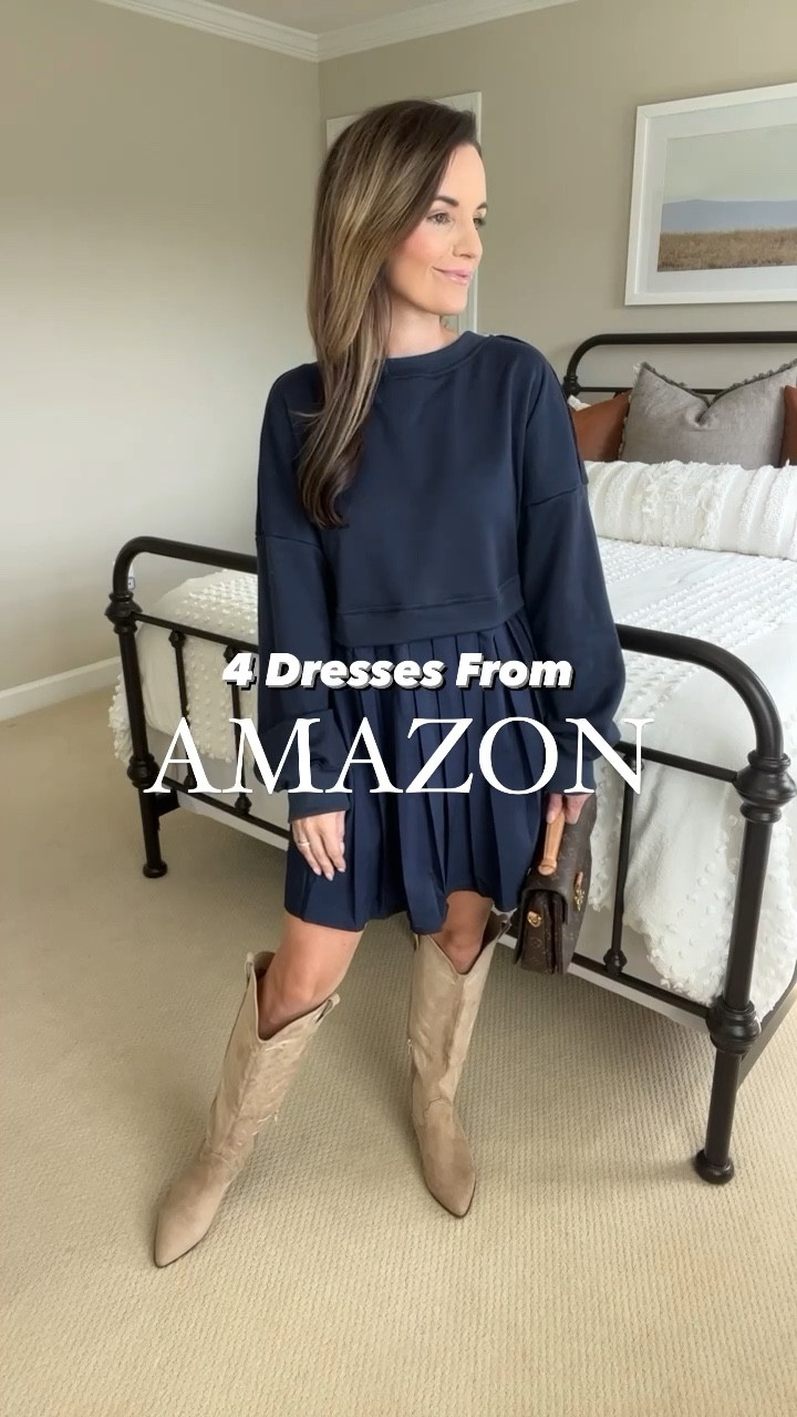 Four Dresses from Amazon ✨ 
• Navy Dress: runs very big, size down one size. Wearing XS. Comes in other colors.
• Orange dress: comes in a bunch of other colors. Great for family photos. Fits tts. Wearing S
• Sweater Vest with White Button Down Dress Shirt: runs big, size down. Wearing XS
• Cream Sweater Dress: comes in other colors. Would look really good on taller ppl. 
#amazon #fallfashion #fallstyle #amazondress #outfitideas #outfits #lotd boots #amazonfinds #sweaterdress #workwear #falllooks #fall #whatiwore #autumn #autumnstyle #casualstyle #pumpkin 