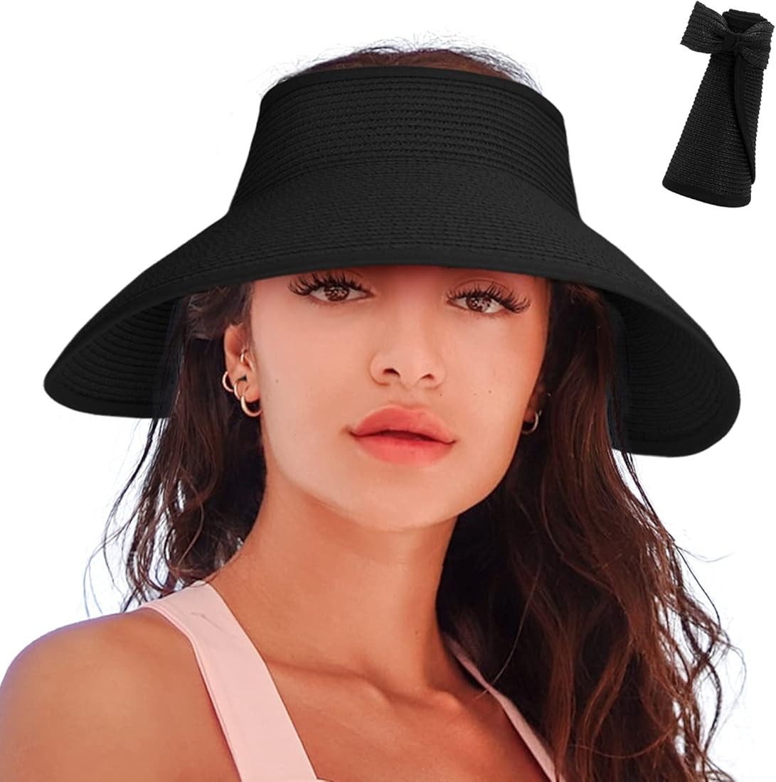 Women's Sun Visor Hats Wide Brim Straw Beach Hat Ponytail Hats for Women Foldable Floppy | Amazon (US)