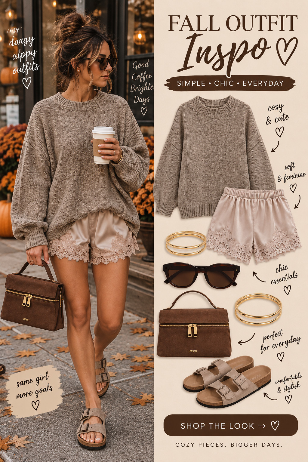 Cozy fall outfit with a feminine twist 🤎🍂 An oversized neutral sweater paired with lace shorts, comfy buckle sandals and a structured brown handbag. An easy transitional fall outfit for warmer days, coffee runs, brunch or casual weekends.
 

 #LTKootd #LTKSeasonal #LTKMidsize