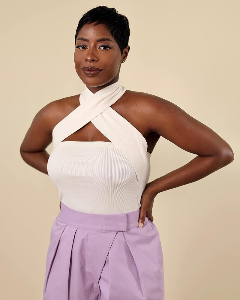 The Drop Women's Ivory Rib Knit Cross Front Halter Top by @highlowluxxe | Amazon (US)