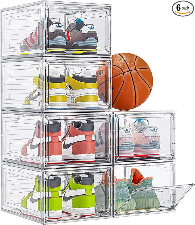 Thicken & Sturdy Clear Shoe Storage Organizer with Magnetic Door, Stackable Boxes for Closet, Fol... | Amazon (US)