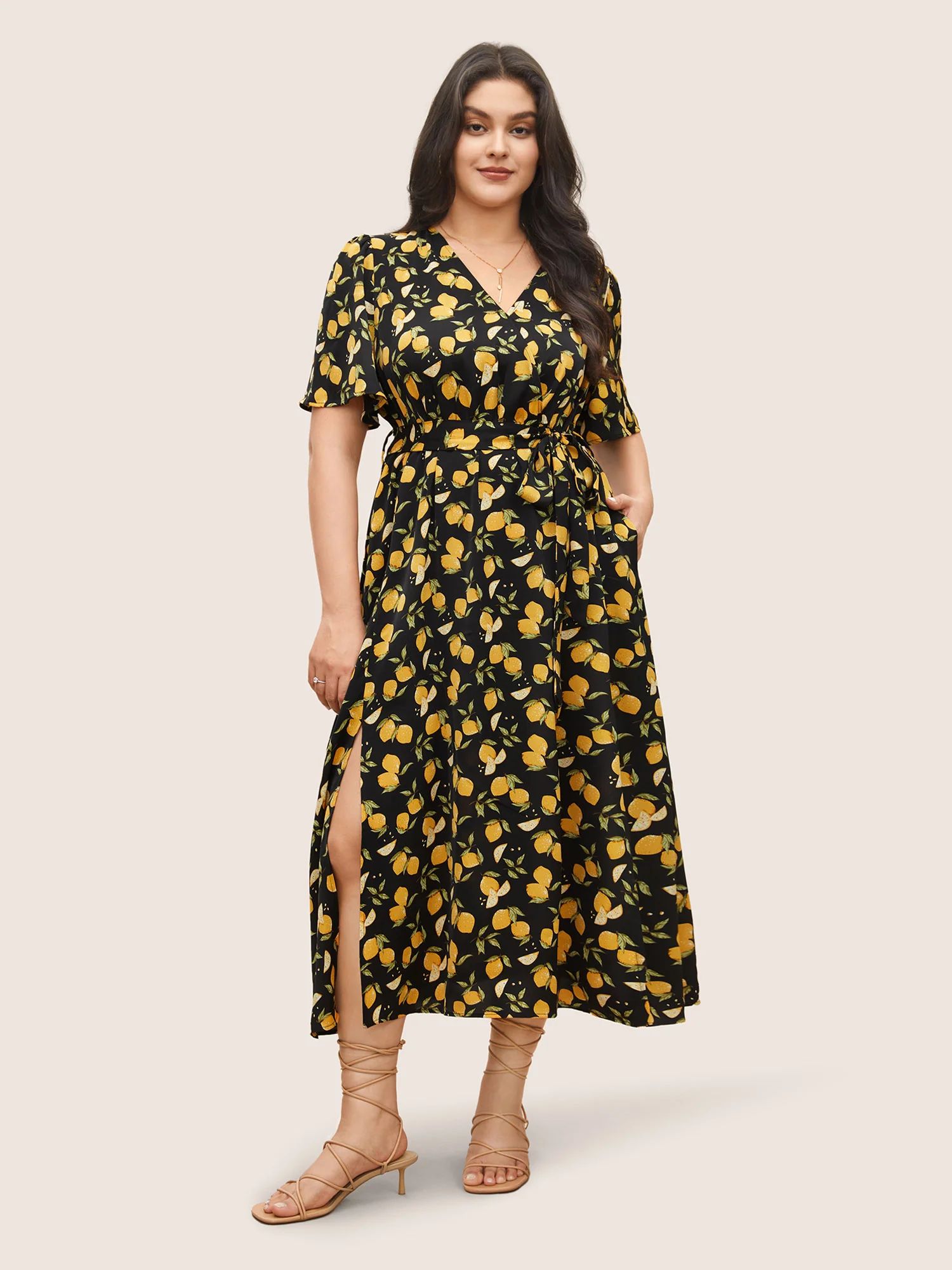 Citrus Lemons Print Belted Surplice Neck Split Side Dress | Bloomchic