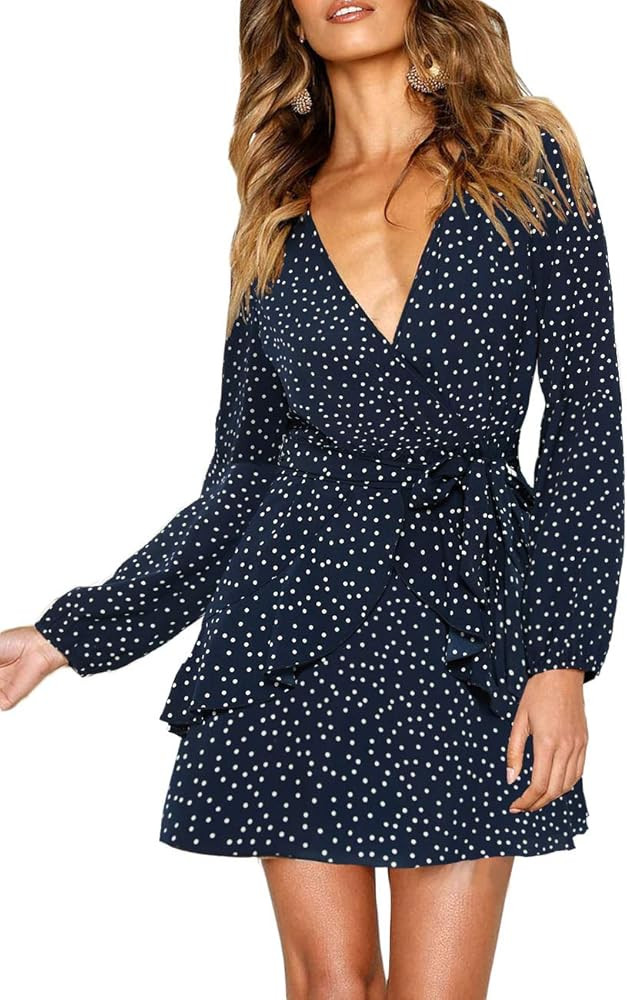 uguest Women Long Sleeve V Neck Dress Floral Mini Swing Party Wedding Dress with Belt | Amazon (US)