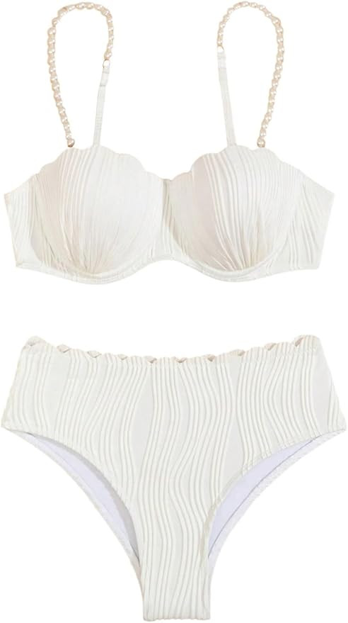 MakeMeChic Women's 2 Piece Bikini Set Textured Pearl Beaded Strap Scallop Trim High Waist Swimsui... | Amazon (US)