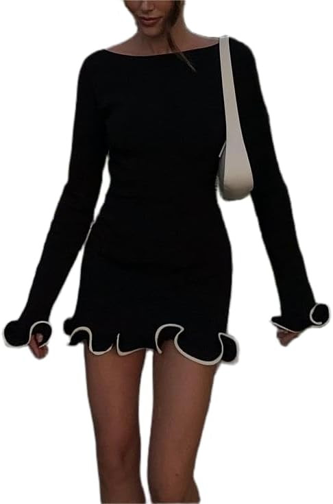 Women Y2k Long Sleeve Knit Dress Vintage Slim Fit Rolled Edge Mini Dress Fairy Grunge Bodycon Par... | Amazon (US)