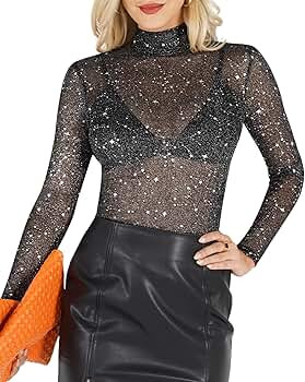 MANGOPOP Women's Long Sleeve Short Sleeve Glitter Sheer Mesh Tops T Shirt Blouse Clubwear | Amazon (US)