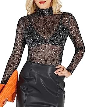 MANGOPOP Women's Long Sleeve Short Sleeve Glitter Sheer Mesh Tops T Shirt Blouse Clubwear | Amazon (US)