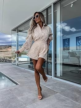 Ru Sweet Womens Lace Eyelet 2 Piece Outfit Crochet Button Down Shirt Top Shorts Set | Amazon (US)