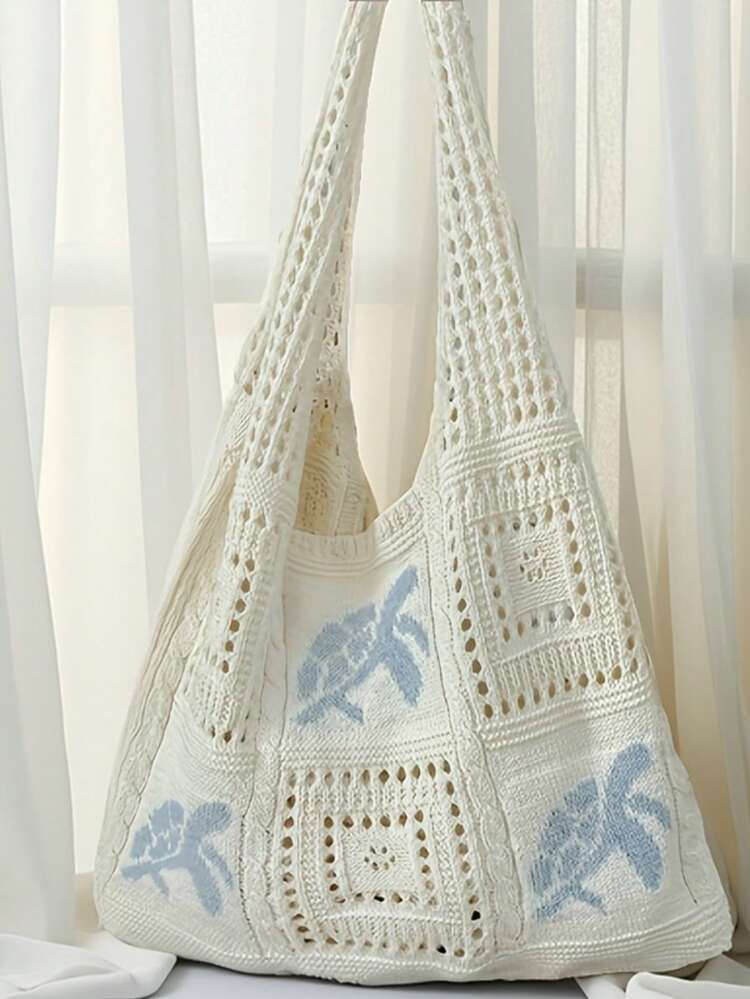 Women's Summer Beach Tote Bag - Crochet Design With Sea Turtle Pattern, Large Capacity Open-Top Tote, Beige Polyester, Suitable For Casual Outings And Coastal Vacations, Beach Tote Bag, Travel Accessory, Bohemian Fashion, Woven Texture, Spacious Tote Bag, Essential For Vacation, Ideal For Work, Back To School , Bohemian Outfit For Women , Beach Bag , Crochet | SHEIN