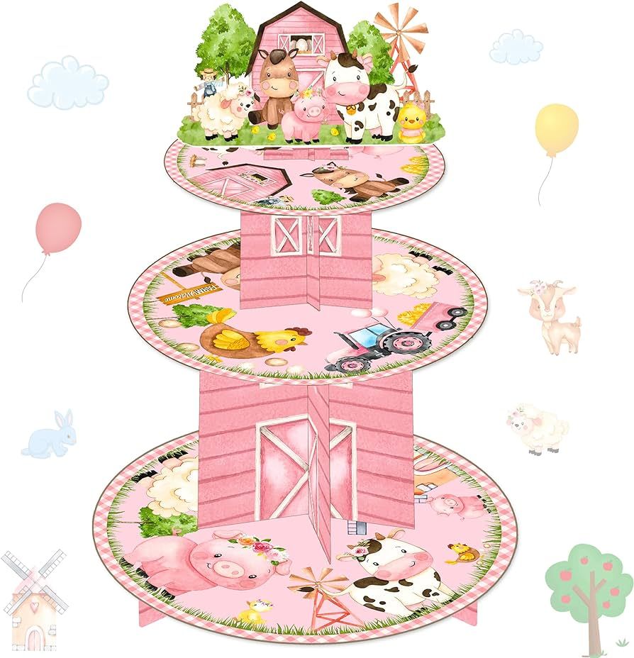 Pink Farm Animals Cupcake Stand 3 Tiers Farm Birthday Party Tower Barnyard Party Stand Holder Far... | Amazon (US)