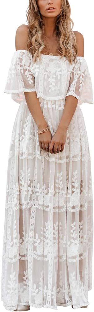 MERMAID'S CLOSET Women's Casual Off Shoulder Lace Maxi Dress Boho White Bridesmaid Wedding Evenin... | Amazon (US)