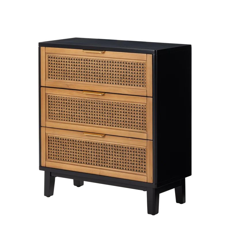 Aril 3-Drawer Woven Cane Front Accent Chest, Mid Century Modern 3 Drawers Nightstand | Wayfair North America