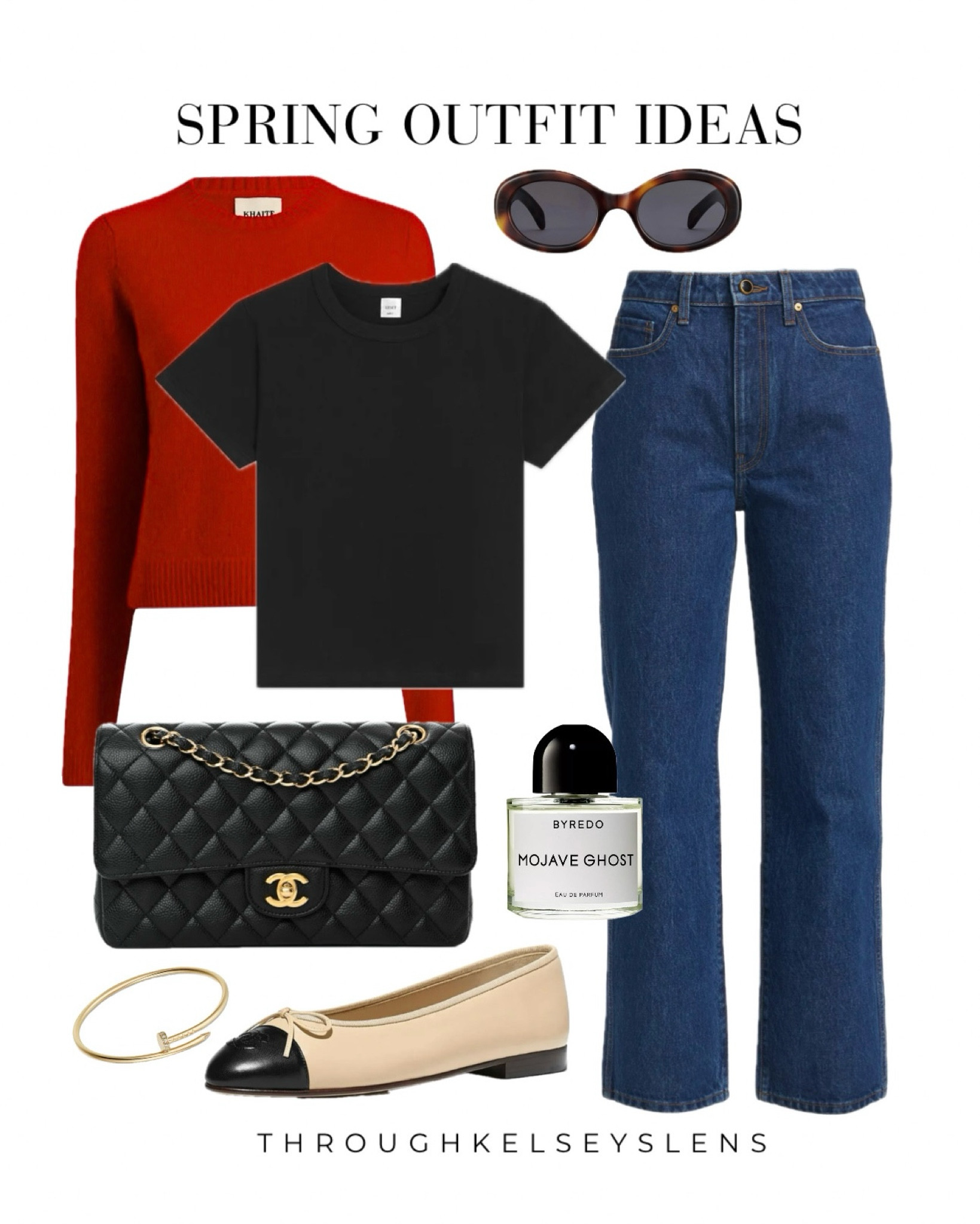 Spring outfit ideas - jeans and red sweater
- Khaite Abigail jeans in Montgomery
- Khaite Diletta sweater in fire red
- Black Leset Margo tshirt
- Chanel beige and black cap toe ballet flats
- Chanel classic flap in black caviar
- Celine Triomphe sunglasses in tortoise shell
- Cartier Juste un Clou bracelet
- Byredo Mojave Ghost Perfume

#LTKshoecrush #LTKstyletip #LTKtravel