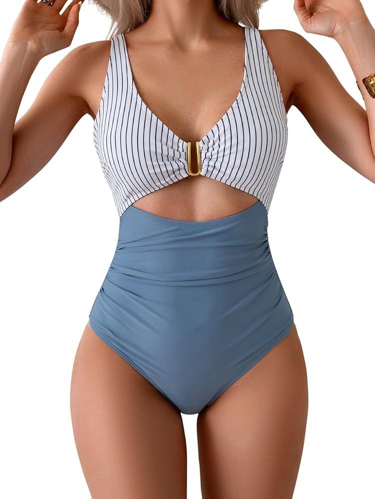 Eomenie Women's One Piece Swimsuit Tummy Control Ruched Bathing Suit Cutout V Neck Swimwear High ... | Amazon (US)